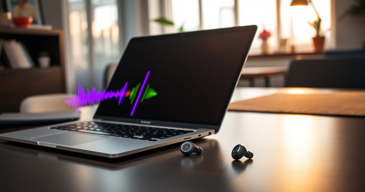 A sleek laptop open on a stylish desk, colorful Google earbuds resting beside it, vibrant sound waves visually emanating from the earbuds, a warm light filtering through a nearby window, hints of modern decor in the background, creating an inviting and tech-savvy atmosphere that embodies seamless connectivity and innovation.