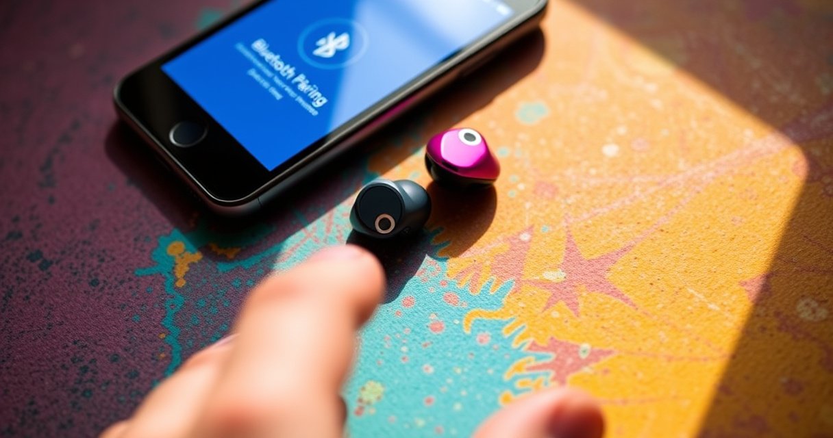 A close-up of vibrant, sleek Indy earbuds resting on a colorful, textured surface, surrounded by a smartphone displaying a Bluetooth pairing screen. Soft light highlights the earbuds' design, with a hand gently reaching out to connect them, evoking a sense of modern technology and seamless connectivity.