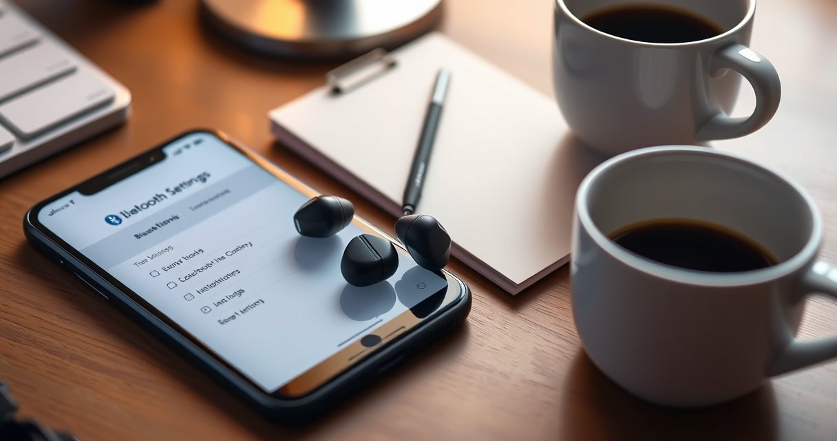 A cozy workspace with a close-up of sleek JLab earbuds elegantly resting on a wooden desk, surrounded by a vibrant smartphone displaying Bluetooth settings. Soft, warm lighting highlights the earbuds’ modern design, while a notepad with handwritten steps and a cup of coffee add a welcoming atmosphere, inviting readers to explore the pairing process.