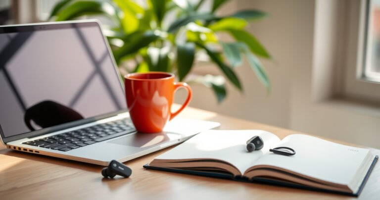 A stylish workspace featuring a sleek laptop, vibrant coffee mug, and an open notebook, with a pair of Jabra wireless earbuds resting elegantly beside them. Soft natural light filters through a window, illuminating a lush green plant in the background, creating an inviting atmosphere that inspires productivity and creativity in tech-savvy individuals.