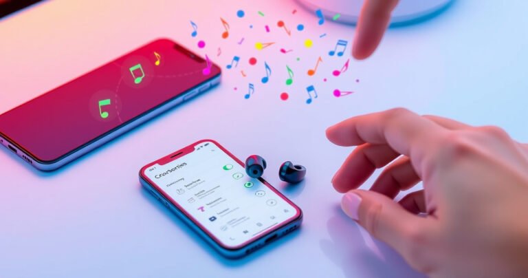 A sleek pair of Occiam earbuds resting on a vibrant, modern workspace, surrounded by a smartphone displaying Bluetooth settings, colorful music notes swirling around, and a hand gesturing towards the earbuds, symbolizing connection and technology, all set against a bright, inviting background of soft gradients that evoke a sense of ease and innovation.