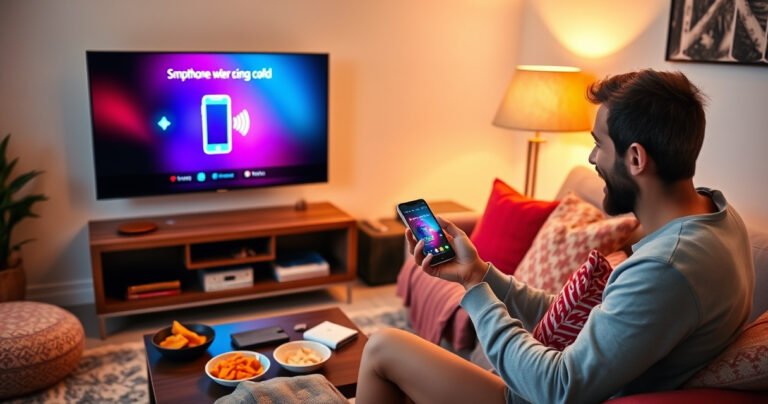 A cozy living room with a modern smart TV displaying a vibrant smartphone pairing interface. A comfy couch draped with colorful cushions, a coffee table with snacks, and a glowing lamp casting warm light. A person happily interacting with their phone, showing excitement as the TV screen mirrors their mobile content seamlessly.