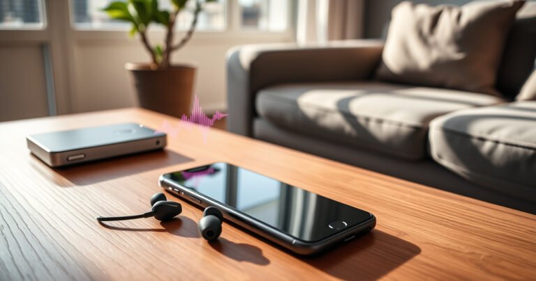 A sleek pair of Raycon earbuds rests on a stylish wooden table next to an elegant iPhone, with vibrant sound waves visually emanating from the earbuds. Soft natural light filters through a nearby window, casting gentle shadows, while a cozy, modern living room setting provides a warm atmosphere that invites technology and relaxation.