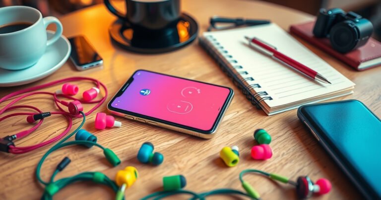 A vibrant flat lay of colorful Skullcandy earbuds surrounded by modern tech gadgets, with a stylish smartphone displaying a Bluetooth pairing screen. Include a cozy background of a coffee shop setting, with warm lighting and a trendy notebook, creating an inviting atmosphere for tech enthusiasts eager to learn about pairing their earbuds.