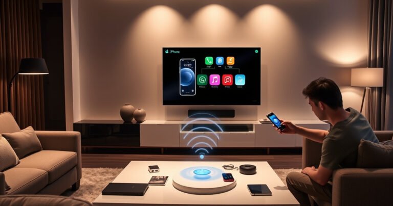 A sleek modern living room featuring a large smart TV displaying an iPhone screen mirroring interface. Soft ambient lighting highlights the cozy atmosphere, with a stylish coffee table adorned with tech gadgets and a remote control. A person casually interacting with their iPhone, while a digital connection symbol glows between the devices, symbolizing seamless connectivity.