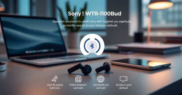 A sleek, modern workspace featuring the Sony WF-1000XM3 earbuds resting on a stylish desk with a laptop and smartphone. Soft ambient lighting enhances the atmosphere, showcasing the earbuds' elegant design. A step-by-step infographic subtly overlays the scene, highlighting the pairing process with vibrant arrows and icons, inviting readers to seamlessly connect their earbuds.