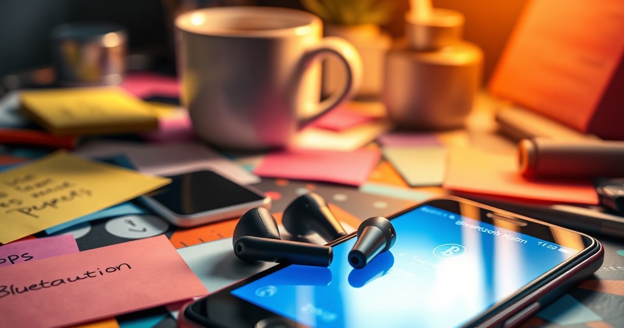 A close-up of sleek, modern Tagry earbuds resting on a vibrant, cluttered desk, surrounded by a glowing smartphone displaying a Bluetooth pairing screen, a steaming cup of coffee, and colorful post-it notes with handwritten tips, all bathed in warm, inviting light to create an atmosphere of productivity and tech-savvy innovation.