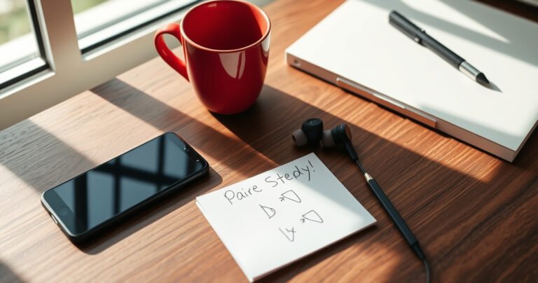 A stylish flat lay featuring Wireless Skullcandy earbuds on a sleek, modern wooden desk, surrounded by a smartphone, a vibrant coffee cup, and a notepad with hand-drawn pairing steps. Soft natural light filters through a nearby window, casting gentle shadows, highlighting the earbuds' design and creating a warm, inviting atmosphere perfect for tech enthusiasts.
