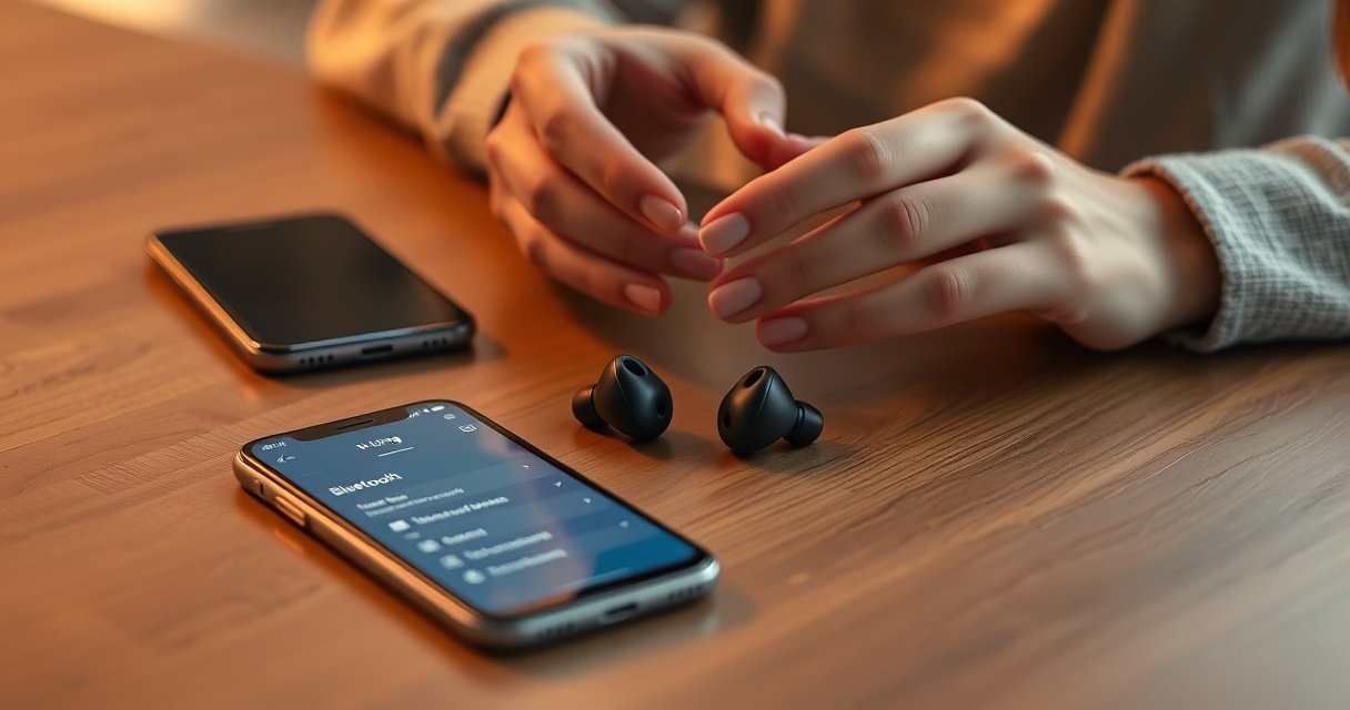 A close-up of stylish iLuv earbuds resting on a sleek wooden table, surrounded by a smartphone displaying a Bluetooth settings menu. Soft, warm lighting enhances the modern aesthetic, while a pair of hands gently holds the earbuds, ready to connect. A faint digital connection graphic subtly overlays the scene, symbolizing connectivity and technology.