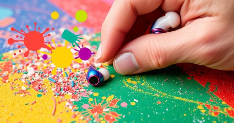 A close-up of a pair of vibrant wireless earbuds resting on a colorful, textured surface, with a hand demonstrating proper insertion technique. Surrounding the earbuds are playful splashes of color and dynamic shapes, symbolizing sound waves, creating a lively atmosphere that highlights the importance of secure fit and stylish design.