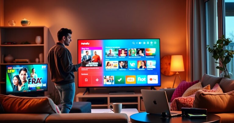 A cozy living room with a modern smart TV displaying vibrant streaming apps, a user in casual attire interacting with a sleek remote, warm ambient lighting, a cozy sofa adorned with colorful cushions, a side table with a coffee mug and a laptop open, creating an inviting atmosphere for learning about smart TV programming.
