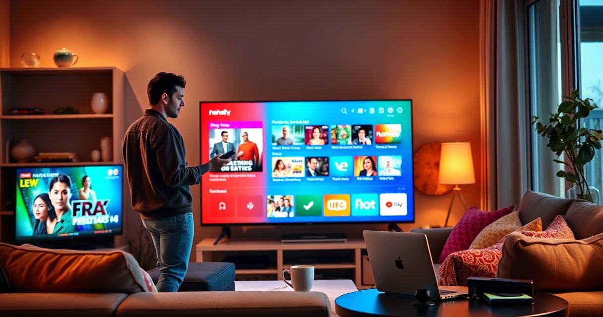 A cozy living room with a modern smart TV displaying vibrant streaming apps, a user in casual attire interacting with a sleek remote, warm ambient lighting, a cozy sofa adorned with colorful cushions, a side table with a coffee mug and a laptop open, creating an inviting atmosphere for learning about smart TV programming.