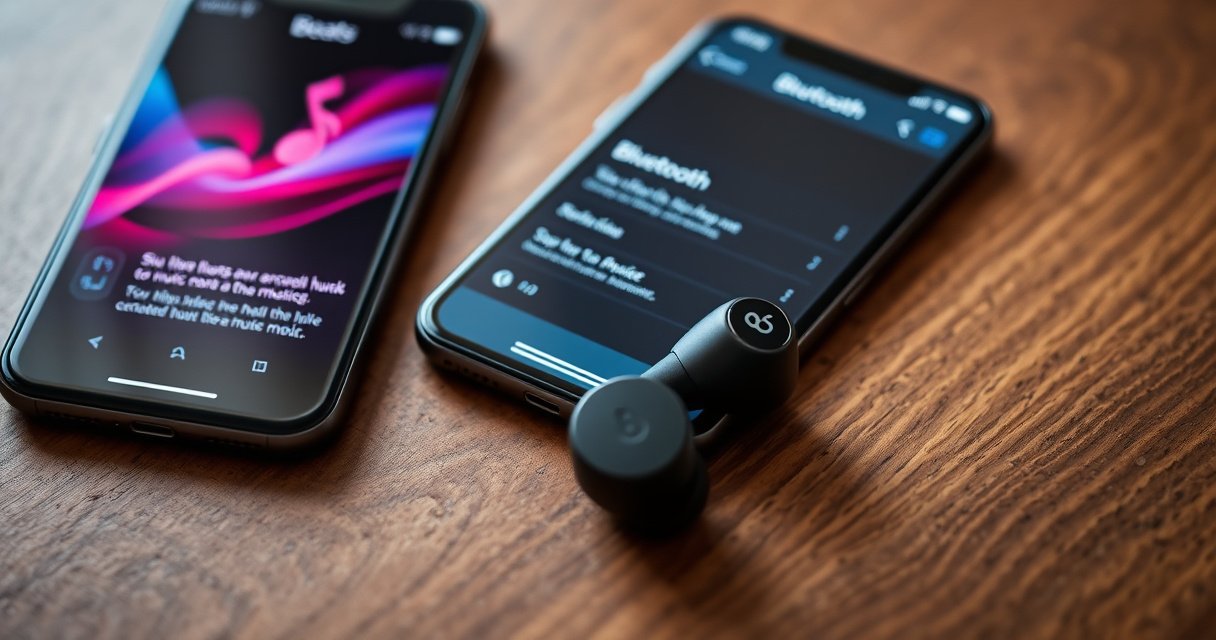 A close-up of sleek Beats earbuds resting on a textured wooden surface, with a soft glow highlighting their elegant design. Beside them, a smartphone screen displays the Bluetooth settings page, surrounded by vibrant music notes and waves, conveying the excitement of connecting to music. The background is softly blurred, emphasizing the earbuds' high-tech elegance.