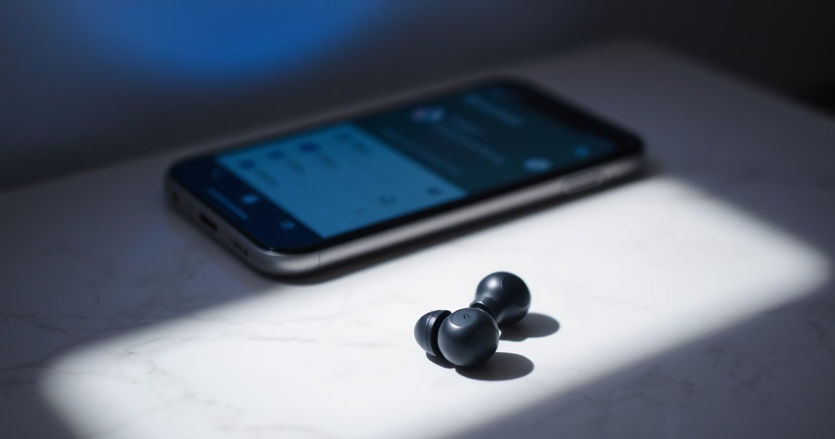 A close-up of sleek wireless earbuds resting on a white marble surface, surrounded by glowing blue lights symbolizing connectivity, with an open smartphone displaying a Bluetooth menu in the background, soft shadows adding depth, and a minimalist aesthetic that conveys modern technology and simplicity.