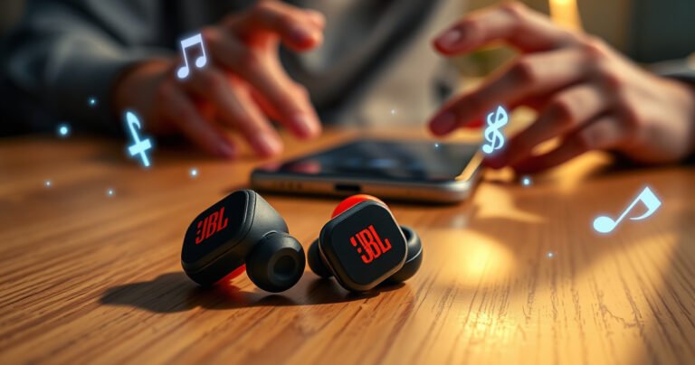 A close-up of vibrant JBL earbuds resting on a sleek wooden table, surrounded by playful sound waves and glowing Bluetooth symbols, with a soft, ambient light illuminating the scene. In the background, blurred hands are reaching towards a smartphone, ready to connect, capturing the essence of modern technology and connectivity.