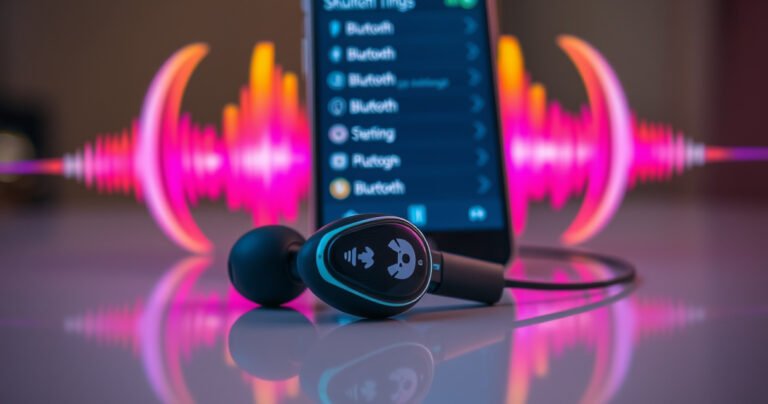 A close-up of vibrant Skullcandy earbuds resting on a sleek, modern surface, surrounded by colorful sound waves visually emanating from them. A soft, ambient light highlights the unique design and logo, while a blurred smartphone in the background displays the Bluetooth settings menu, illustrating the pairing process.