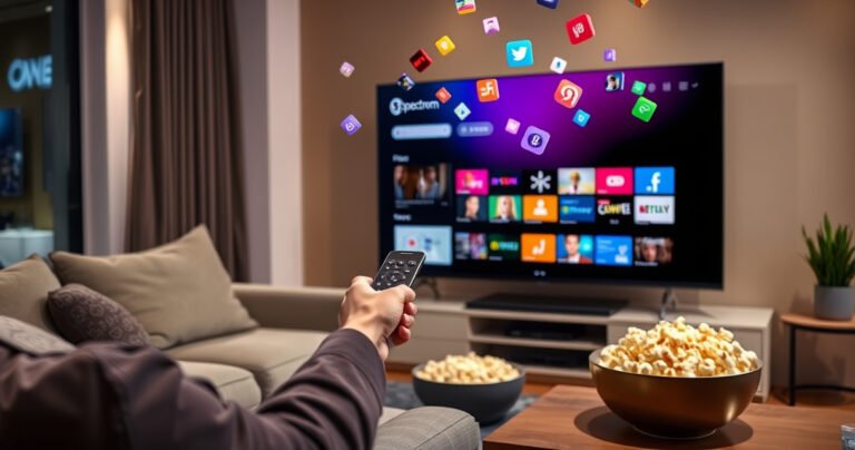 A modern living room with a sleek smart TV displaying the Spectrum app interface. The room is cozy, with a plush sofa, soft ambient lighting, and a bowl of popcorn on the coffee table. A person eagerly points a remote at the TV, surrounded by colorful streaming icons floating in the air, symbolizing digital connection and entertainment.