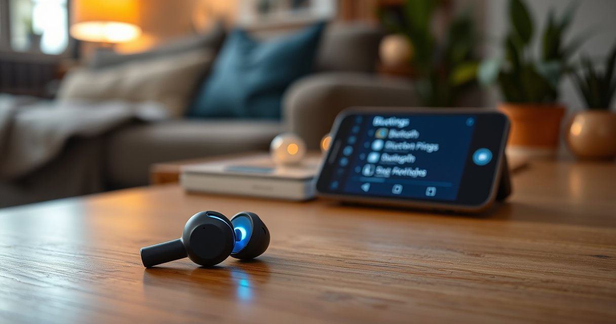 A close-up of sleek wireless earbuds resting on a wooden table, glowing softly with blue LED lights, surrounded by an open smartphone displaying Bluetooth settings, and a cozy living room in the background with warm lighting, plants, and a hint of modern decor, evoking a sense of seamless technology and convenience.