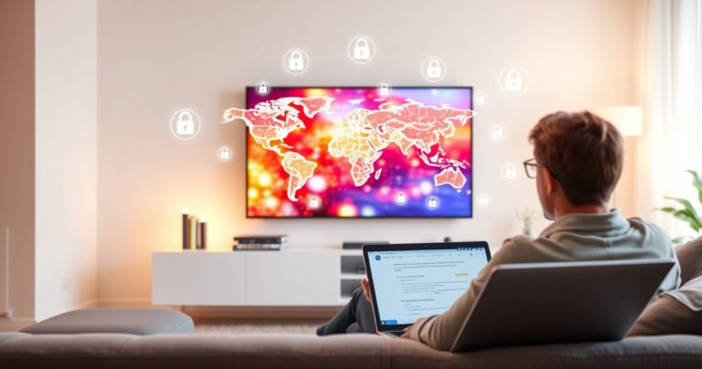 A modern living room with a sleek smart TV displaying a vibrant digital world map, symbols of secure connections and locks surrounding it, a cozy sofa with a tech-savvy person holding a remote, soft ambient lighting creating a warm atmosphere, a laptop open nearby with a step-by-step guide visible on the screen.