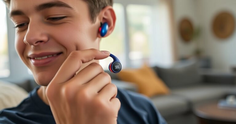 A close-up of a hand gently inserting vibrant JBL earbuds into a person's ear, showcasing the sleek design and colorful accents. The background features a cozy, modern living space with soft natural light, emphasizing comfort and ease. The focus is on the earbuds and the subtle expressions of concentration and satisfaction on the person's face.