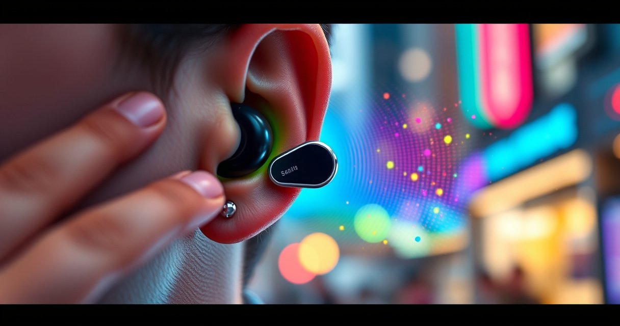 A close-up of a person’s hand delicately placing a sleek Samsung earbud into a vibrant, modern ear, surrounded by colorful sound waves emanating from the earbud, with a soft-focus background of a lively urban setting, capturing the essence of connectivity and music in a dynamic way.
