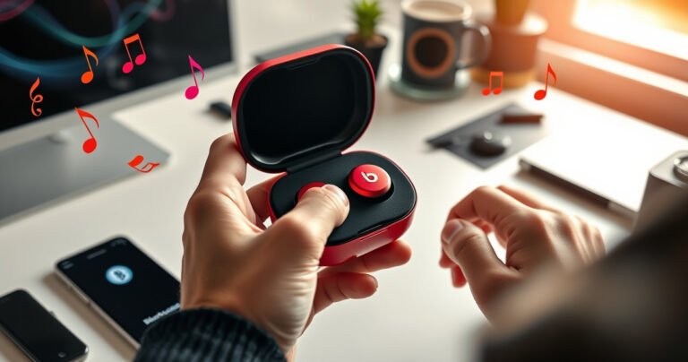 A close-up of a person’s hands delicately unpacking sleek red and black Beats earbuds from a stylish case, surrounded by a modern, tech-inspired workspace with a smartphone displaying a Bluetooth connection screen, vibrant music notes floating in the air, and a bright morning light streaming through a window, evoking a sense of excitement and innovation.