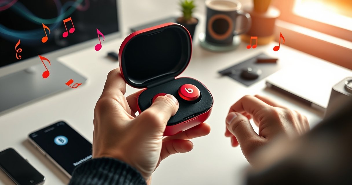 A close-up of a person’s hands delicately unpacking sleek red and black Beats earbuds from a stylish case, surrounded by a modern, tech-inspired workspace with a smartphone displaying a Bluetooth connection screen, vibrant music notes floating in the air, and a bright morning light streaming through a window, evoking a sense of excitement and innovation.