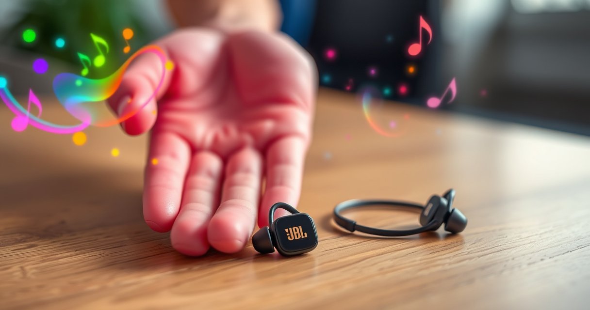 A close-up of vibrant JBL earbuds resting on a sleek wooden surface, surrounded by colorful sound waves emanating from them. A hand gently reaches out, showcasing the perfect fit of the earbuds in a lively setting with hints of music notes dancing in the air, emphasizing comfort and style.