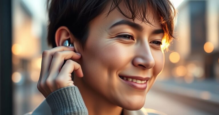 A close-up of a person’s hands gently placing sleek Samsung earbuds into their ears, surrounded by soft, warm lighting. The background features a blurred urban setting, emphasizing modernity. The earbuds shimmer with a metallic finish, and the person’s expression radiates satisfaction, showcasing the perfect fit and comfort, conveying a sense of ease and efficiency.