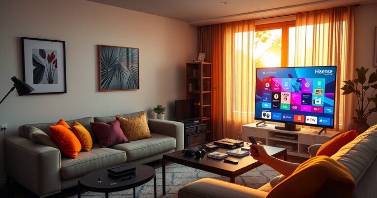 A modern living room featuring a sleek Hisense Smart TV with a vibrant display, a cozy couch adorned with colorful cushions, and a coffee table scattered with tech gadgets. Warm sunlight streams through a window, illuminating a peaceful atmosphere, while a user is seen interacting with the TV remote, contemplating a digital interface.