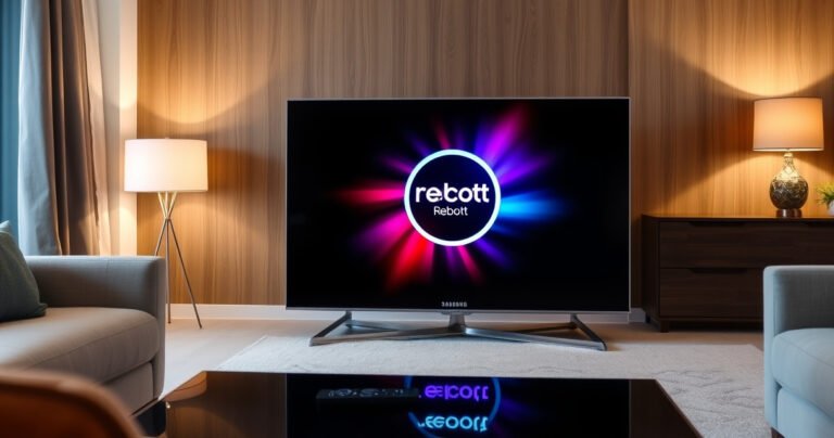 A sleek, modern Samsung Smart TV sits in a stylish living room, displaying an inviting reboot screen with vibrant colors. Surrounding it are cozy furnishings, a soft glow from a nearby lamp, and a remote control resting on a coffee table. The atmosphere feels calm and tech-savvy, suggesting ease and simplicity in the process of rebooting.