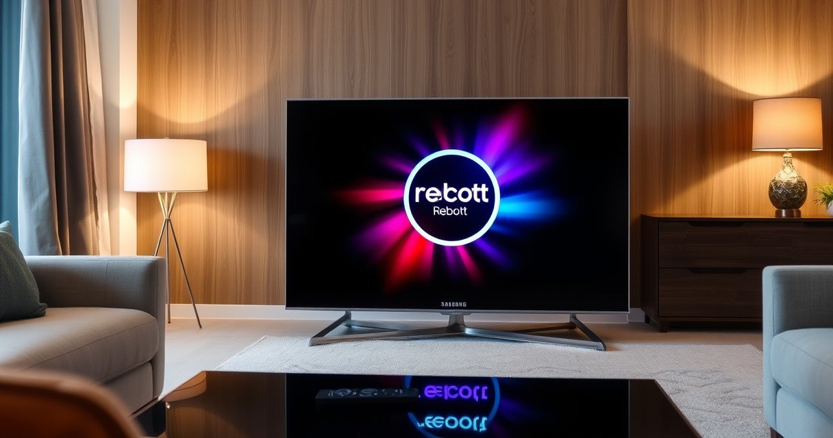 A sleek, modern Samsung Smart TV sits in a stylish living room, displaying an inviting reboot screen with vibrant colors. Surrounding it are cozy furnishings, a soft glow from a nearby lamp, and a remote control resting on a coffee table. The atmosphere feels calm and tech-savvy, suggesting ease and simplicity in the process of rebooting.
