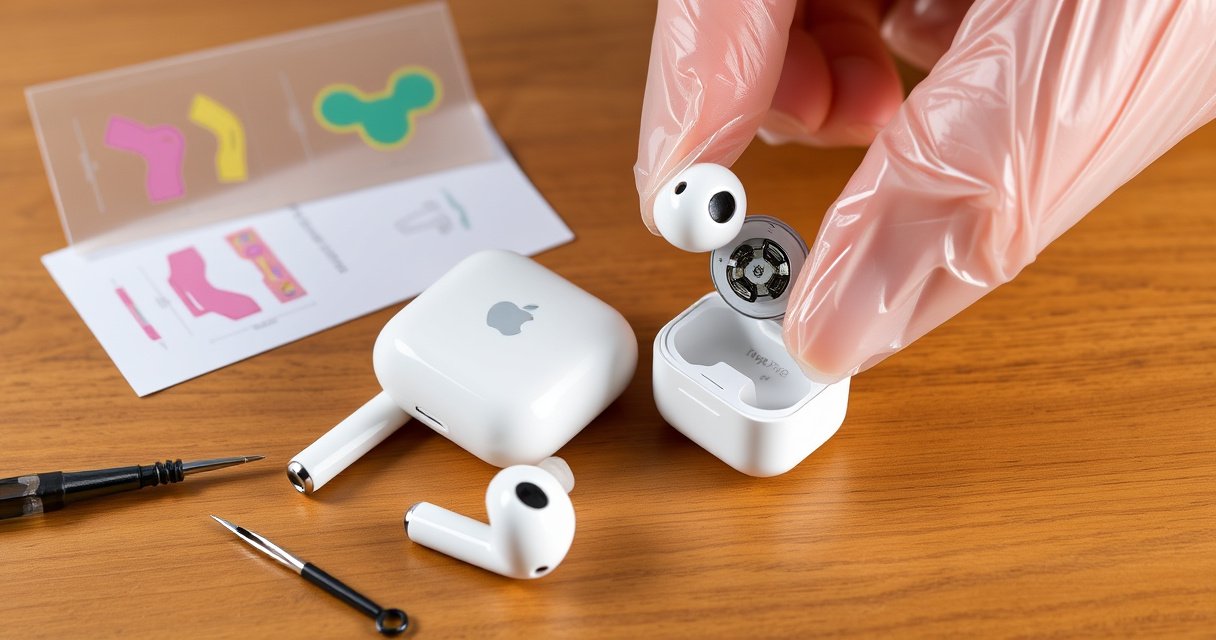 A pair of sleek AirPods Pro earbuds resting on a wooden table, surrounded by small tools like a precision screwdriver and tweezers. Brightly colored diagrams of the replacement process float in the background, while a hand in clear gloves carefully lifts an earbud, showcasing the intricate design and modern technology involved in the replacement.