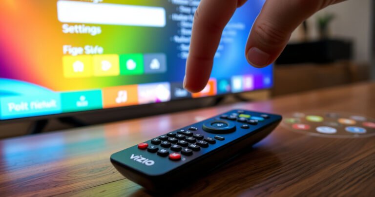 A close-up of a sleek Vizio Smart TV remote resting on a wooden table, surrounded by colorful diagrams of buttons and icons. In the background, a glowing TV screen displays vibrant settings menus, while a hand hovers over the remote, poised to press a button, symbolizing the journey of reprogramming and navigating technology.