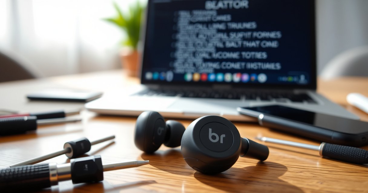 A close-up of sleek, modern BEAT earbuds resting on a wooden table, surrounded by scattered tech tools like a small screwdriver and a smartphone. Soft natural light filters in, highlighting the earbuds' glossy finish. In the background, a blurred laptop screen displays step-by-step instructions, creating a tech-savvy, inviting atmosphere for troubleshooting.