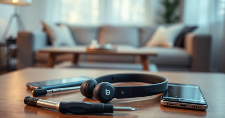 A sleek pair of Beats Earbuds Pro resting on a wooden table, surrounded by scattered tools like a small screwdriver and a smartphone displaying troubleshooting steps. Soft, ambient lighting creates a calming atmosphere, while a blurred background features a cozy living room setting, emphasizing the theme of technology and relaxation.