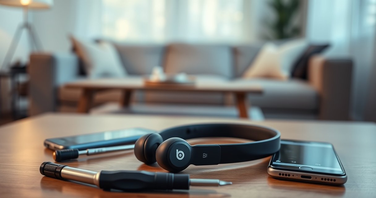 A sleek pair of Beats Earbuds Pro resting on a wooden table, surrounded by scattered tools like a small screwdriver and a smartphone displaying troubleshooting steps. Soft, ambient lighting creates a calming atmosphere, while a blurred background features a cozy living room setting, emphasizing the theme of technology and relaxation.