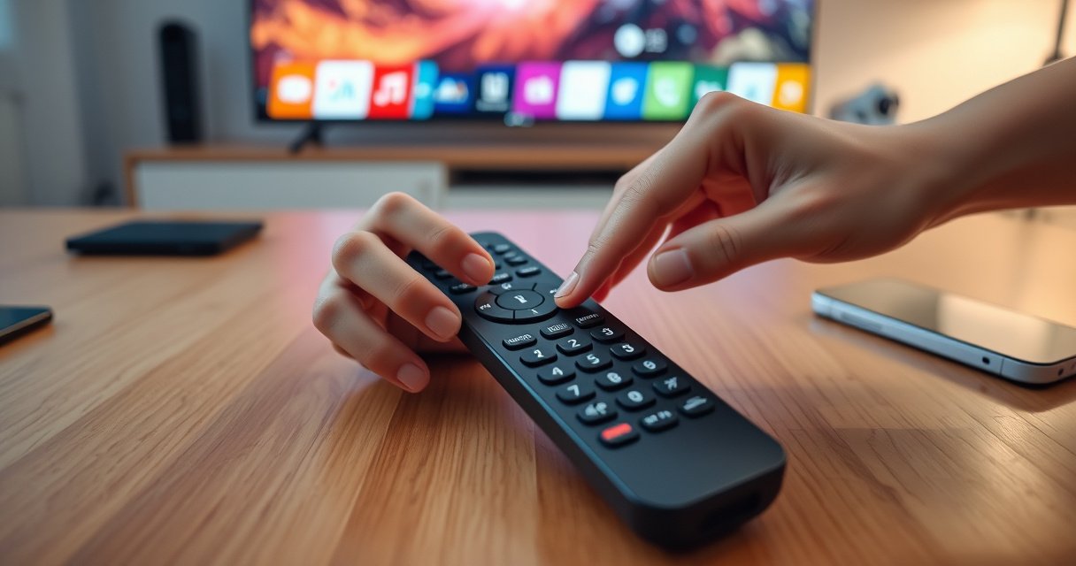 A sleek LG Smart TV remote lying on a modern wooden table, surrounded by vibrant tech gadgets and a glowing digital screen in the background. A pair of hands is gently pressing the reset button, with a subtle glow highlighting the action, evoking a sense of simplicity and technology in harmony.