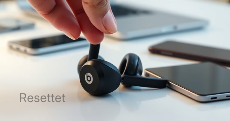 A close-up of sleek, black Beats earbuds resting on a clean, white surface, surrounded by scattered tech gadgets like a smartphone and laptop. Soft, ambient light highlights the earbuds' features, while a hand gently reaches towards them, symbolizing the process of resetting. The background is blurred, emphasizing the earbuds as the focal point.