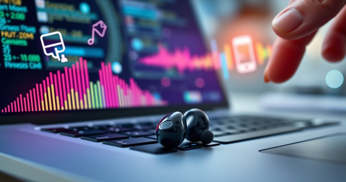 A close-up of a pair of sleek, modern earbuds resting on an open laptop, surrounded by colorful sound waves and digital icons representing connectivity. Soft, ambient lighting highlights the earbuds' glossy finish, while a hand reaches towards them, symbolizing action and guidance. The background features a blurred tech workspace, creating an inviting atmosphere.