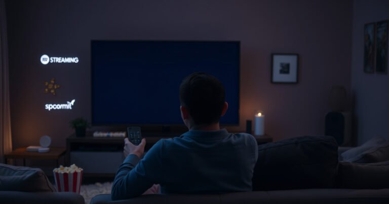 A frustrated person sitting in a cozy living room, staring at a dark smart TV screen, surrounded by popcorn and a remote in hand. The room is softly lit, with a few streaming device logos faintly illuminated in the background, conveying a sense of urgency and the search for solutions to fix playback issues.