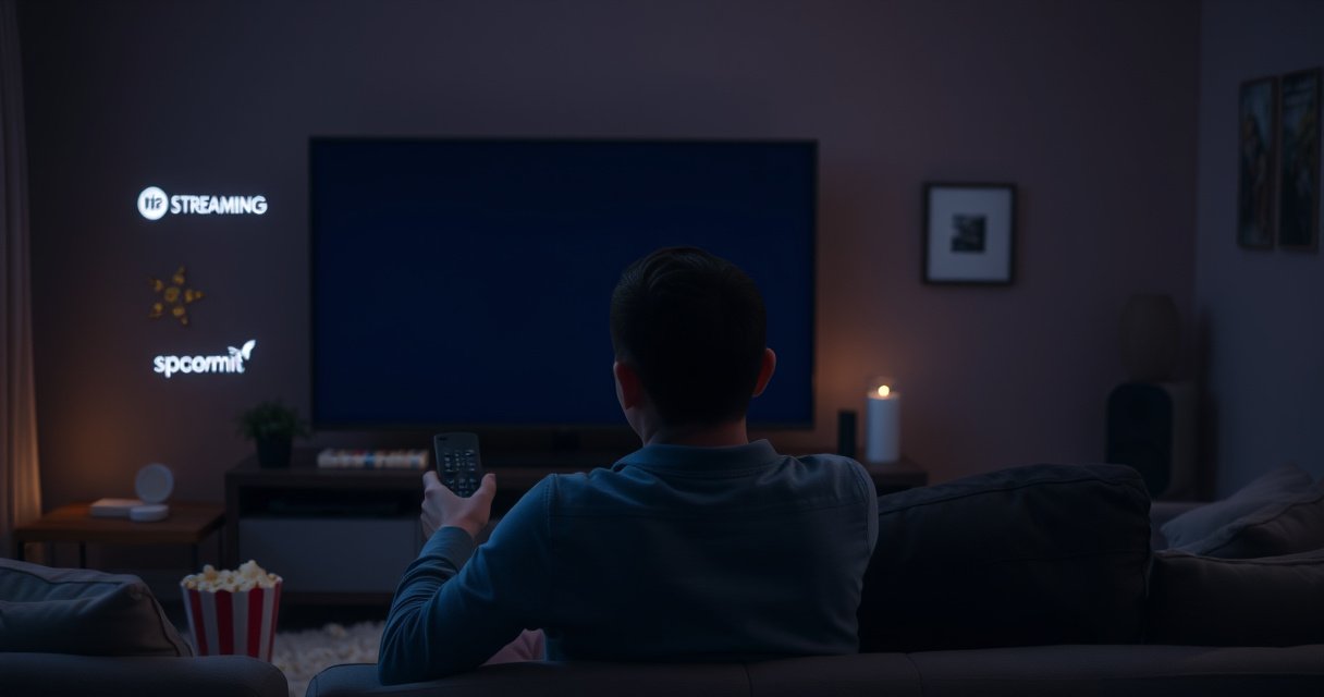 A frustrated person sitting in a cozy living room, staring at a dark smart TV screen, surrounded by popcorn and a remote in hand. The room is softly lit, with a few streaming device logos faintly illuminated in the background, conveying a sense of urgency and the search for solutions to fix playback issues.