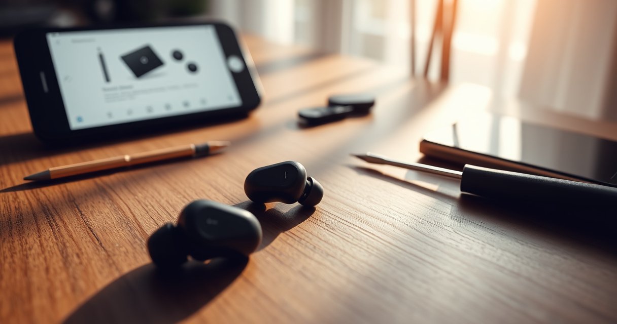 A pair of sleek Raycon earbuds resting on a wooden table, surrounded by tools like a tiny screwdriver and a phone displaying a step-by-step guide. Soft morning light filters through a nearby window, illuminating the earbuds and casting gentle shadows, creating an inviting atmosphere that suggests a DIY tech repair moment.