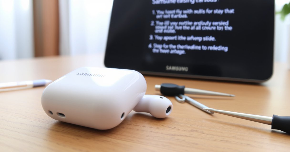A close-up of sleek, white Samsung earbuds resting on a wooden table, surrounded by scattered small tools like a screwdriver and tweezers. A soft light filters in from the window, highlighting the earbuds' glossy finish, with a digital screen in the background displaying a step-by-step guide on resetting earbuds.
