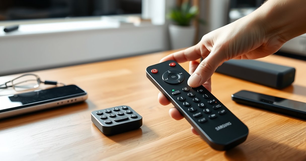 A close-up of a modern Samsung Smart TV remote lying on a wooden coffee table, surrounded by scattered tech gadgets and a calming indoor setting. Soft natural light filters through a nearby window, highlighting the remote's sleek design while a hand reaches towards it, symbolizing connection and control in a serene living room environment.