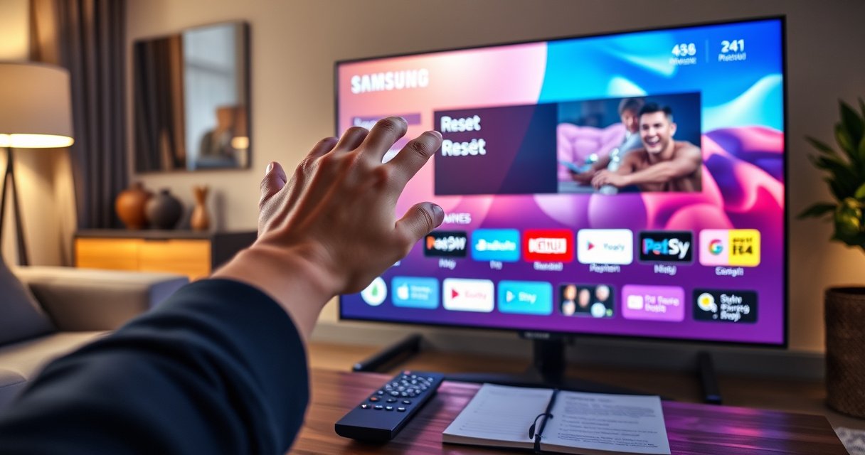 A sleek Samsung TV displaying a vibrant interface with a glowing Smart Hub, surrounded by modern living room decor. A focused hand reaches towards the screen, poised to tap the reset option. Soft ambient lighting casts a warm glow, highlighting the tech-savvy atmosphere, while a coffee table holds a remote and a notepad with step-by-step instructions.
