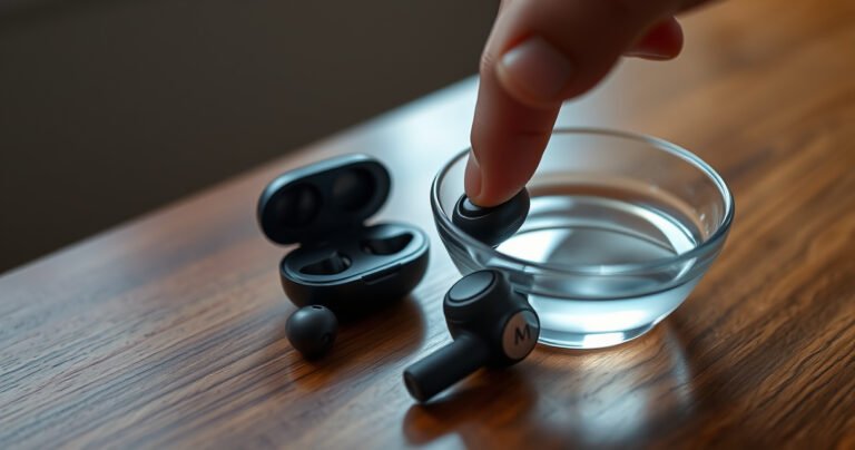 A close-up of sleek, modern true wireless earbuds resting on a wooden table, surrounded by a soft, glowing light. One earbud is open, revealing intricate technology inside, while the other is partially submerged in a small bowl of water. A hand is poised to touch the earbud, symbolizing a reset and fresh start.