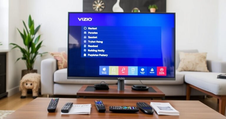 A sleek Vizio Smart TV displayed prominently in a modern living room, its screen glowing with a vibrant reset menu. Surrounding it are various remote controls and a user guide, with a cozy couch and decorative plants in the background, creating a warm, inviting atmosphere that encourages troubleshooting and learning.