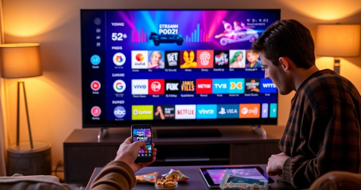 A sleek Vizio Smart TV displaying a vibrant, animated interface, surrounded by colorful icons of streaming apps, set against a cozy living room backdrop. A person effortlessly using a smartphone to navigate, with a hint of frustration visible. Soft warm lighting enhances the inviting atmosphere, while a coffee table holds snacks and a tablet.