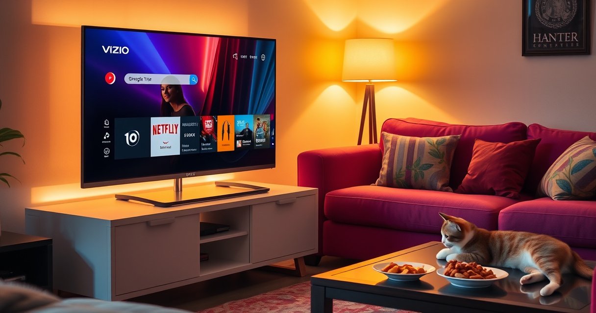 A cozy living room scene featuring a modern Vizio Smart TV on a sleek stand, a person thoughtfully inspecting the TV's side buttons, surrounded by warm ambient lighting. A vibrant couch with colorful cushions, a coffee table with snacks, and a playful cat lounging nearby, all reflecting a serene atmosphere of home entertainment and technology.